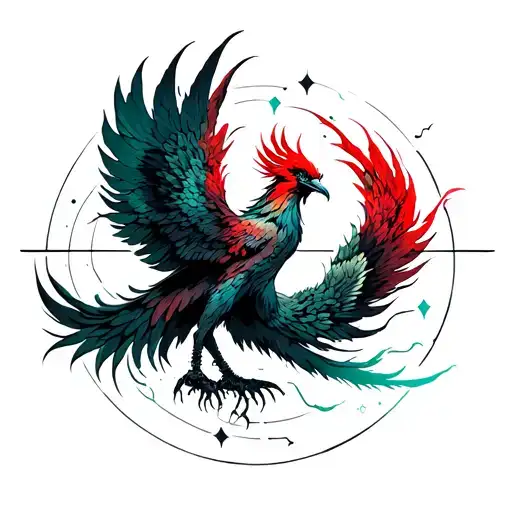 pheonix rising with Aquarius constellation with a touch of green and red, and blue and red.  tattoo design idea