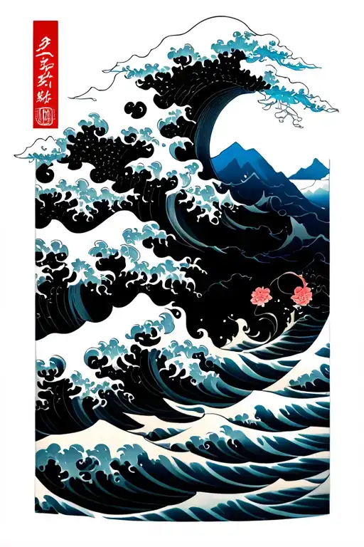 japanese waves flowing floating islands tattoo design idea