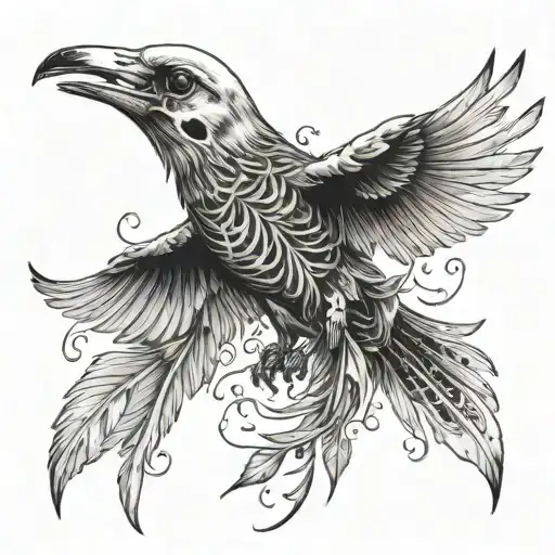 bird skeleton with feathers flying down open mouth minimum details  tattoo design idea