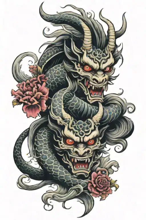 Japanese sleeve tattoo featuring dragon, oni mask, waves, blossoms Samurai tattoo design idea
