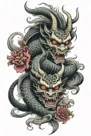 Japanese sleeve tattoo featuring dragon, oni mask, waves, blossoms Samurai tattoo design idea
