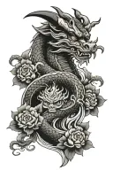 Japanese sleeve tattoo featuring dragon, oni mask, waves, blossoms Samurai tattoo design idea