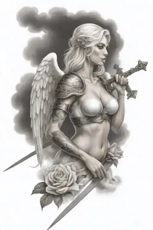 a sexy blond female angel as a warrior with some clouds, a rose and a Cross for a halfsleeve tattoo tattoo design idea