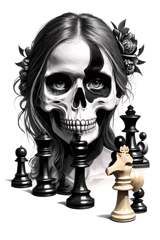 girl with half skull face and chess pieces forming tattoo design idea