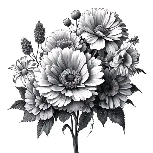 Can you make me an image just lie that one but with Carnations, larkspur, gladioulus, marigold, chrysanthemum, narcissus tattoo design idea