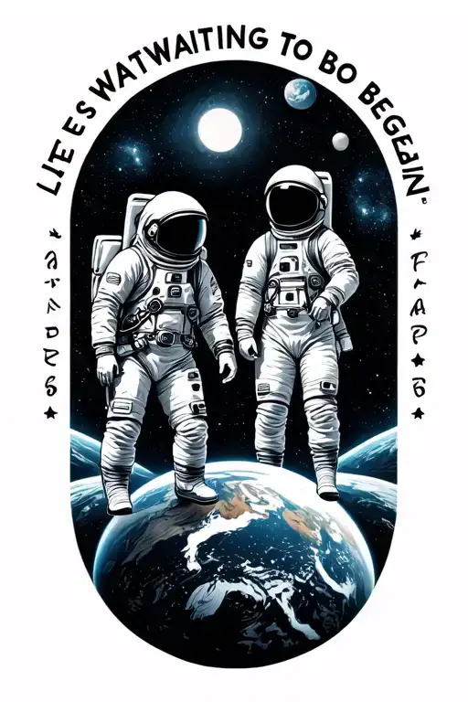 "Life's waiting to begin" 1 male astronaut and 1 female astronaut in space with earth below tattoo design idea