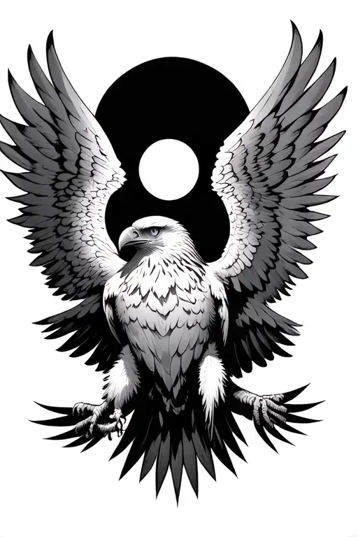 A blackwork tattoo design featuring a divine eagle (Aetus Dios) with glowing eyes and massive wings flying above, symbol tattoo design idea