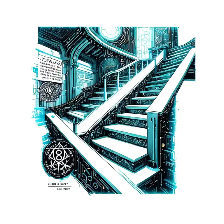 an angle on forearm, stairway to heaven on upper arm, romans 8:18 from bible in quote and 15.08.2022 on one of the stair tattoo design idea