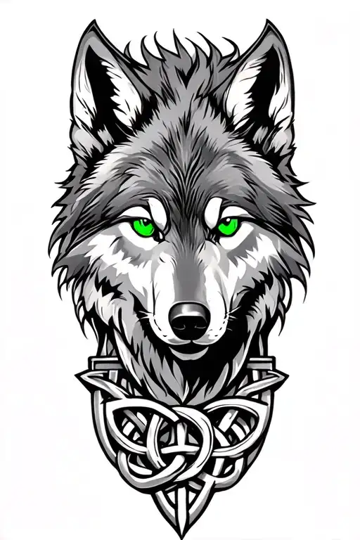 wolf with green eyes on armor tattoo design featuring Celtic trinity knot  tattoo design idea
