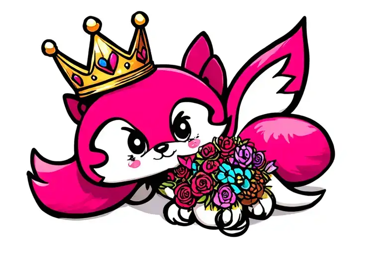 cute pink fox with a princess crown tattoo design idea