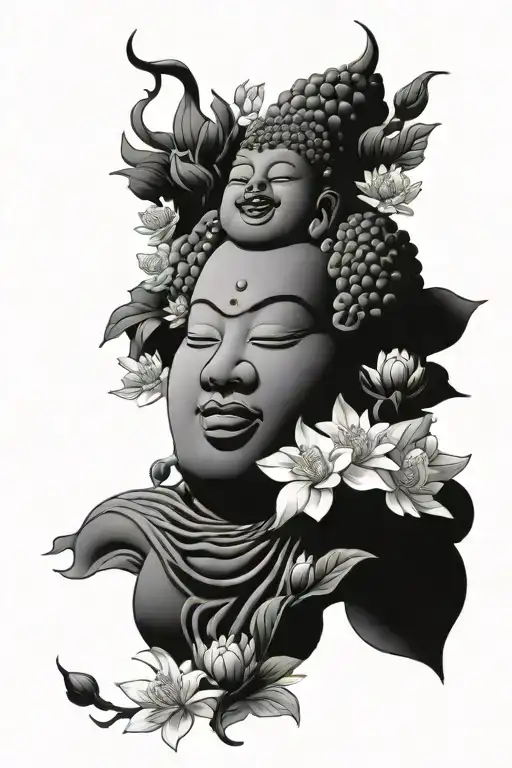 fat buddha, scorpion, chrysanthemums flower tattoo design idea