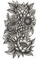 whimsical girly floral thigh tattoo with proteas and Gerberas  tattoo design idea