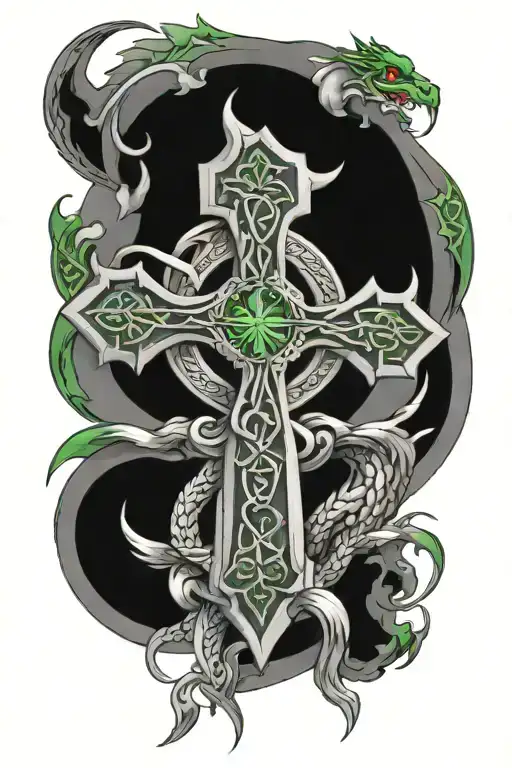Irish Celtic Cross with clouds and dragons with green eyes tattoo design idea