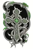 Irish Celtic Cross with clouds and dragons with green eyes tattoo design idea