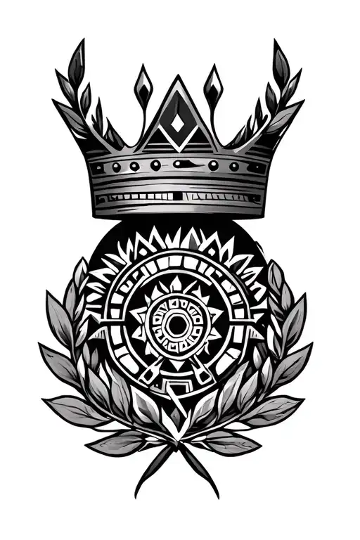 generate a crowned laurel wreath with aztec tribal tattoo surrounded it tattoo design idea