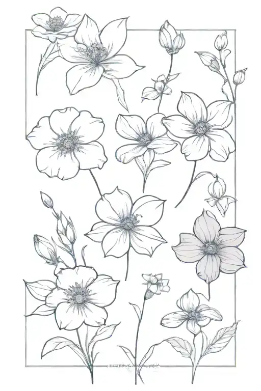 violet, primrose, daisey, sweet pea, cosmos, and narcissus flowers tattoo design idea