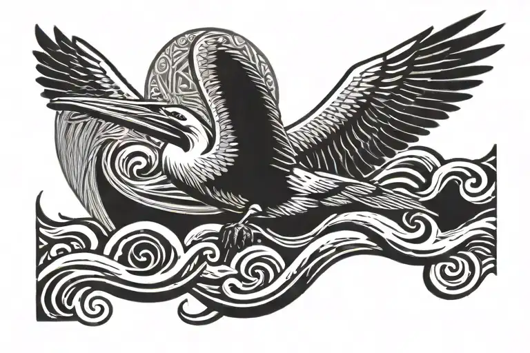 pelican flying over waves with setting sun tattoo design idea