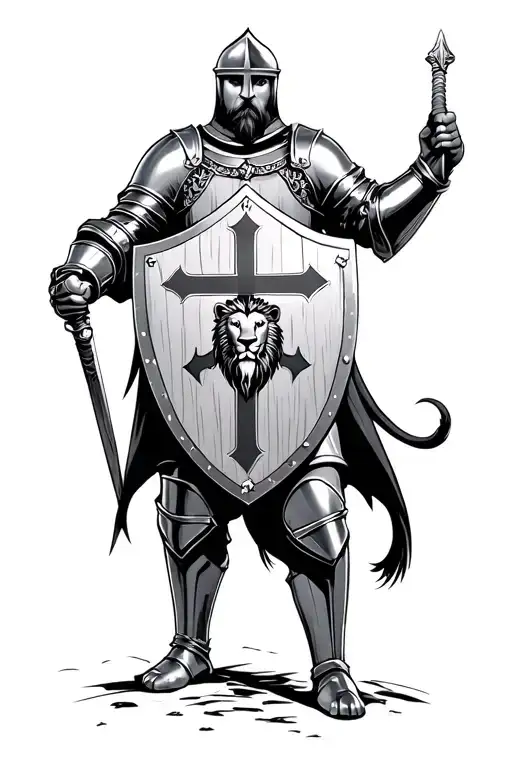 knights templar holding shield with lion rampant in color tattoo design idea
