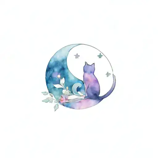 Moon and cat with three stars with the colors representing bisexuality  tattoo design idea