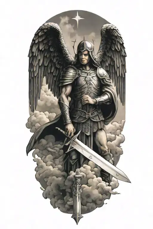 Archangel Michael wielding a sword in Enochian language script, surrounded by clouds in a blackwork style tattoo design idea