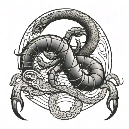 A tattoo combining a scorpion, a snake, the yin-yang symbol, the sign of Aquarius and Aries  tattoo design idea