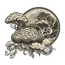 brain shaped storm cloud with lightning moon above  black and grey  silhouette of a family of four tattoo design idea