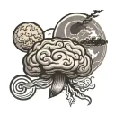 brain shaped storm cloud with lightning moon above  black and grey  silhouette of a family of four tattoo design idea