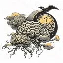 brain shaped storm cloud with lightning moon above  black and grey  silhouette of a family of four tattoo design idea