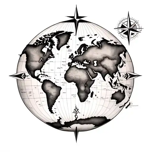 A detailed world map tattoo with a compass rose incorporated, symbolizing your love for travel and geography tattoo design idea