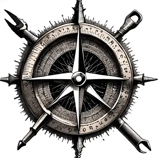 An intricate dotwork tattoo of a compass rose surrounded by tools of your trade, representing your work as a millwright electrician tattoo design idea