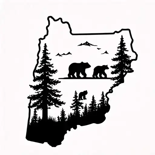 Forest Scene with 3 Bears family within an oregon state outline tattoo design idea