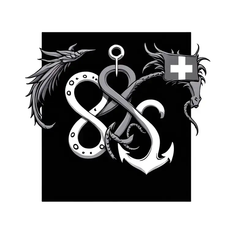 Infinity signs, horseshoes, anchor, dragon, Swiss flag tattoo design idea
