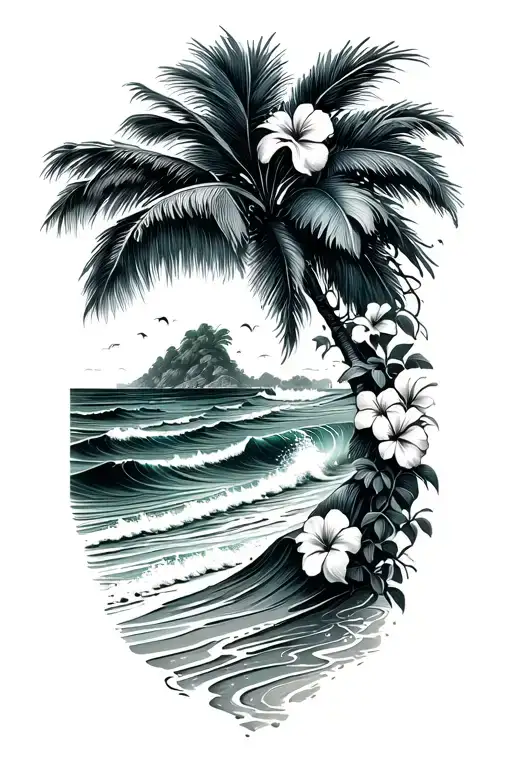 ocean waves on beach with palm and hibiscus vine on right tattoo design idea