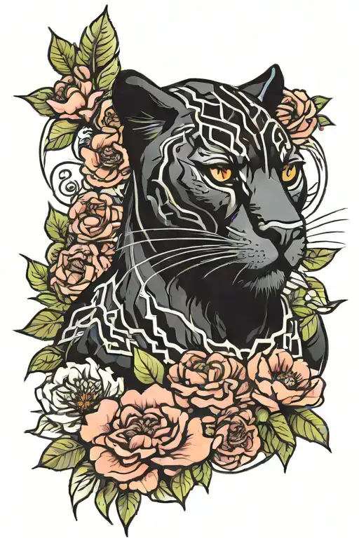black panther with flowers  tattoo design idea