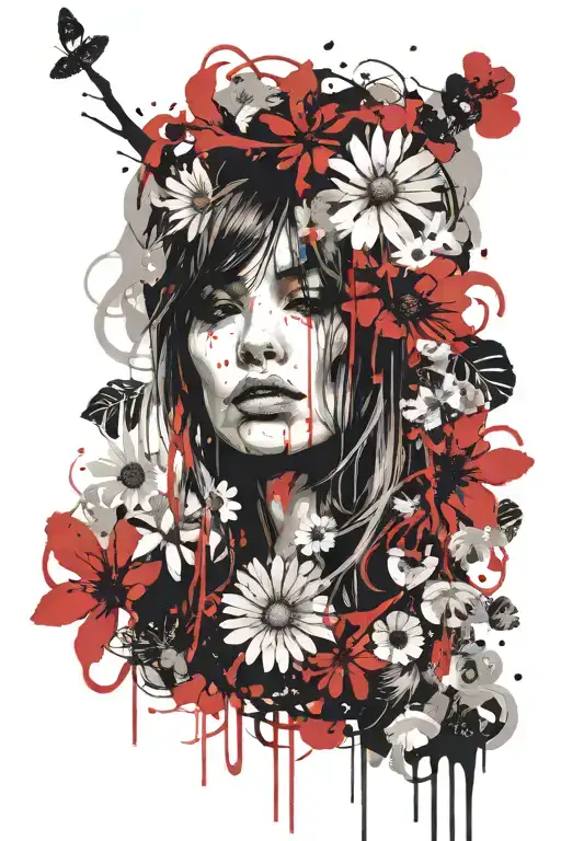 girl's face with daisies in her mouth tattoo design idea