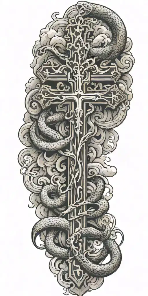 holy cross with snake and blood and angel and clouds  tattoo design idea