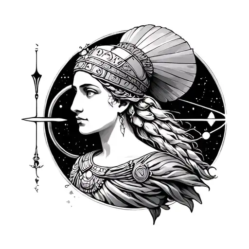 goddess Athena and space surrounded tattoo design idea