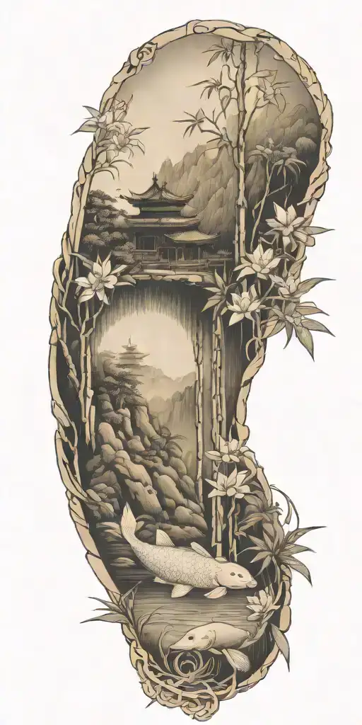 buddhist inpired tattoo focusing on scenary of nature, bamboo, water, and with lotus, koi fish, and small budda tattoo design idea