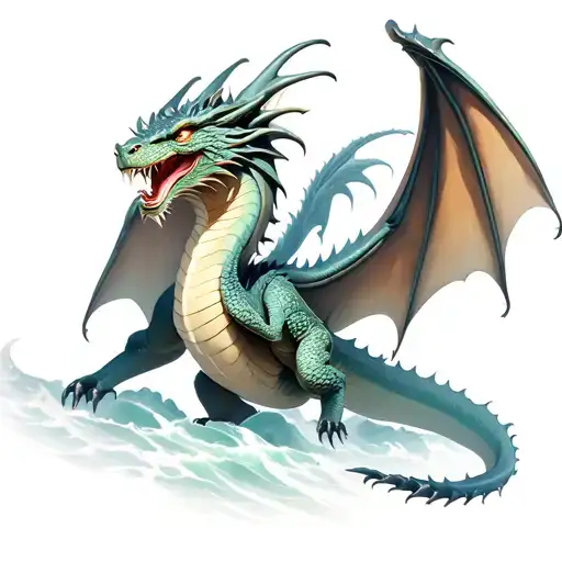 Hyper Realistic Dragon, full body view, Both Wings Open, Facing towards me, Background with mystic waves. tattoo design idea