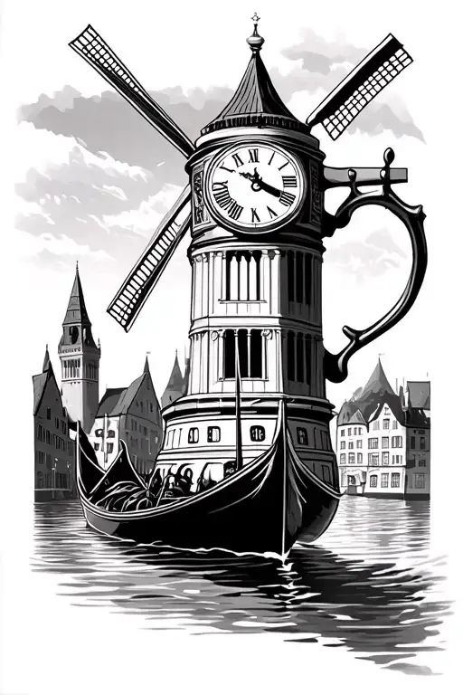 gondola in Venice, swiss alps in the background, big ben clock tower, German beer stein, Netherland windmill tattoo design idea