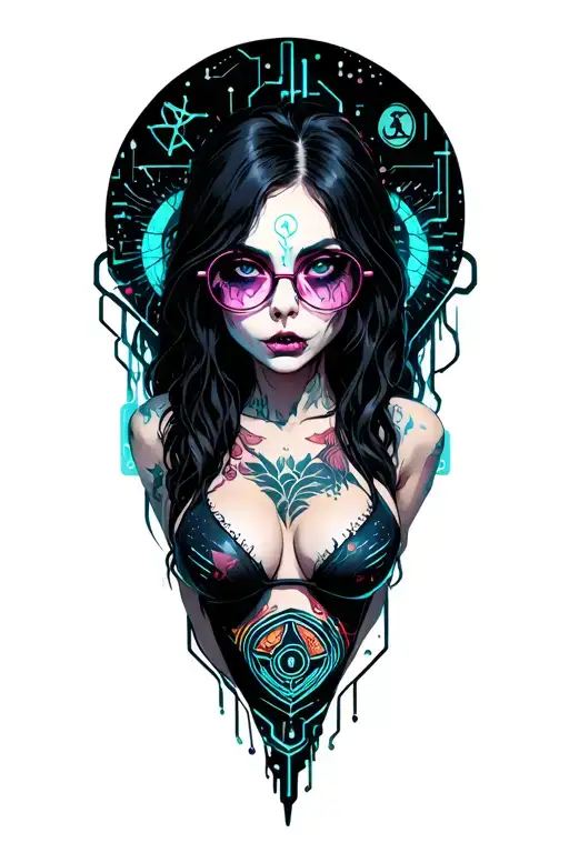 Sexy zombie girl, petite, big boobs, wide hips, bikini . long hair,sexual. Seductive. Full Body including arms. glasses tattoo design idea