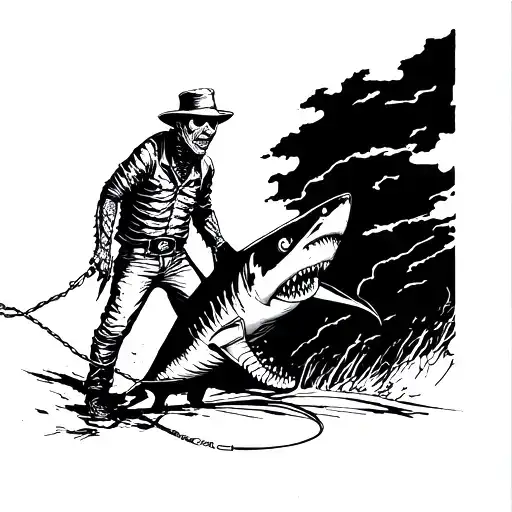 Freddy Krueger walking with shark on a leash tattoo design idea