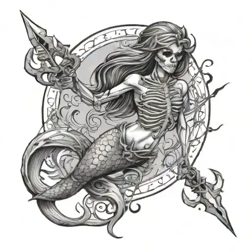 full body skeleton mermaid holding a trident in one hand and a chain in the other hand tattoo design idea