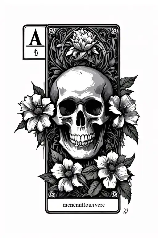 Black and grey Tattoo of tarot card with a skull and flowers and has saying memento mori memento vivere tattoo design idea