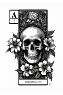 Black and grey Tattoo of tarot card with a skull and flowers and has saying memento mori memento vivere tattoo design idea