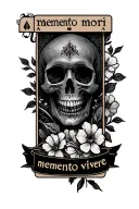 Black and grey Tattoo of tarot card with a skull and flowers and has saying memento mori memento vivere tattoo design idea