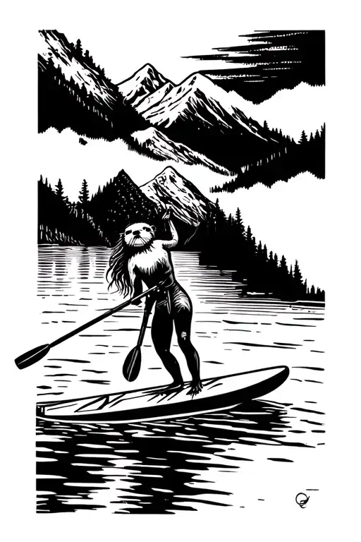 river otter playing in river with woman on paddleboard and mountains tattoo design idea