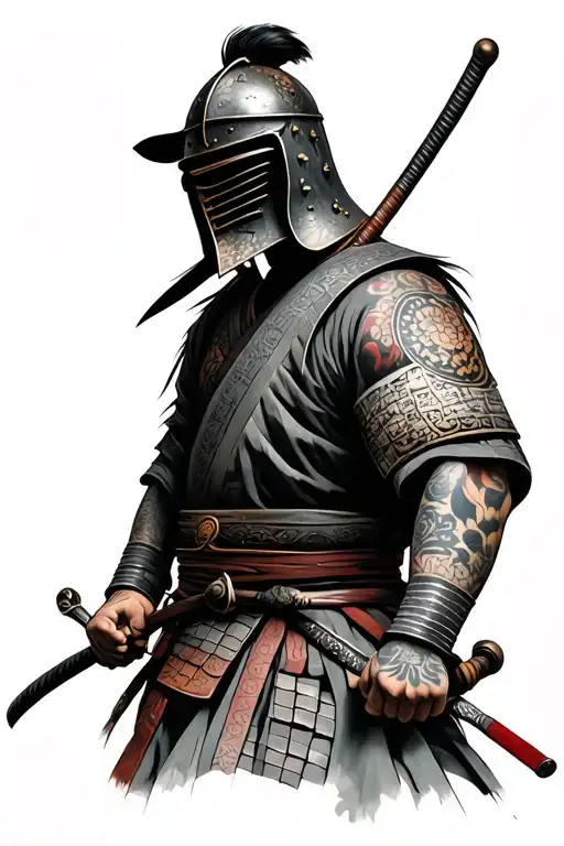 photo realistic ronin samurai warrior with head bowed wearing a traditionalkabuto helmet with maedate tattoo design idea