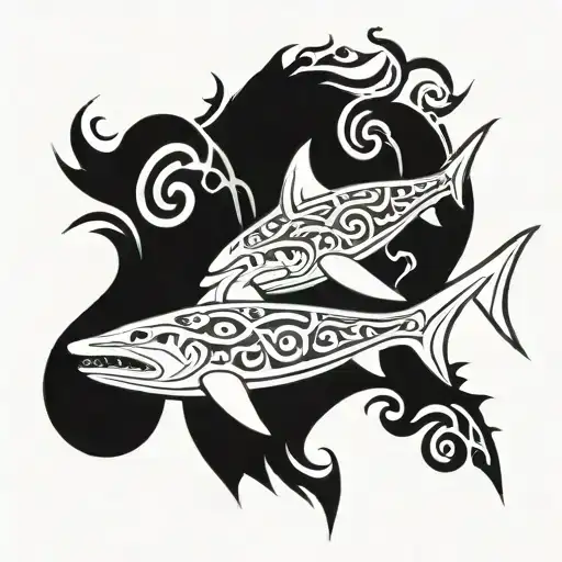 2 tribal hammerhead sharks with "ohana" text in the middle  tattoo design idea