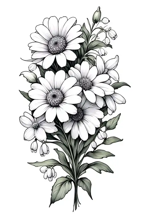 Daisy and sweat pea flower, Carnation, snowdrop flower, daffodil and jonquil flower, lily of the valley and hawthorn flo tattoo design idea